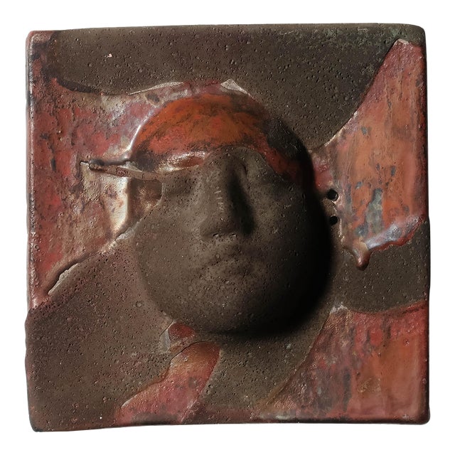 Late 20th Century Vintage Ceramic Mask Wall Sculpture Signed by Artist Sergio Naduville For Sale