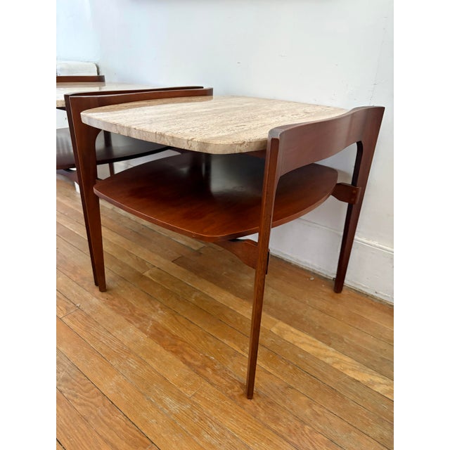 Bertha Schaefer Walnut W/Travertine Side/End Table, 1960. A stunning pair of mid century modern tables.