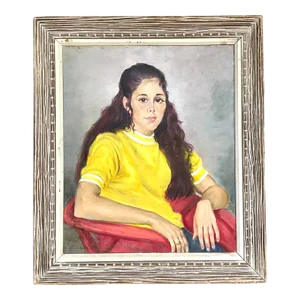 Vintage Boho Signed Original Oil Portrait of Young Woman