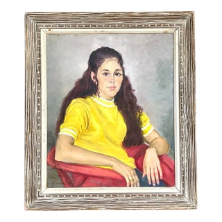 Vintage Signed Realist Portrait of Young Woman Oil Painting For Sale