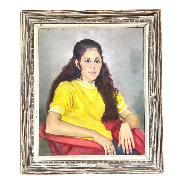 Vintage Signed Realist Portrait of Young Woman Oil Painting For Sale