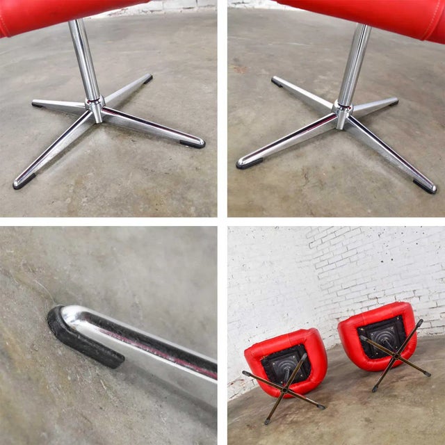 Late 20th Century MCM Swivel Bucket Chairs New Red Vinyl Faux Leather & Chrome X Base by Shelby Williams For Sale - Image 12 of 13