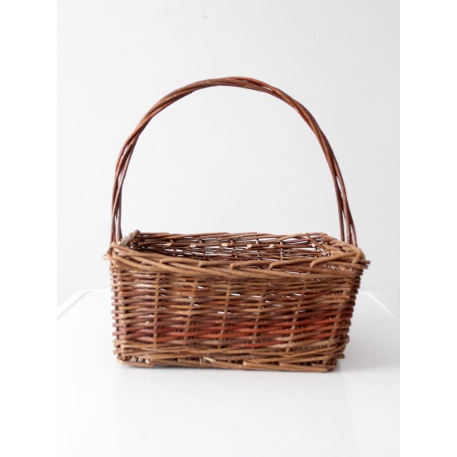Vintage Rustic Woven Willow Market Basket With Handle For Sale - Image 12 of 12