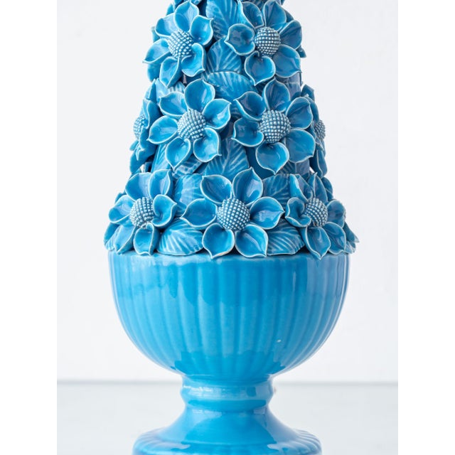 Hand-Carved Turquoise Floral Ceramic Table Lamp with Silk Lampshade from Manises, Spain, 1960s For Sale - Image 9 of 16