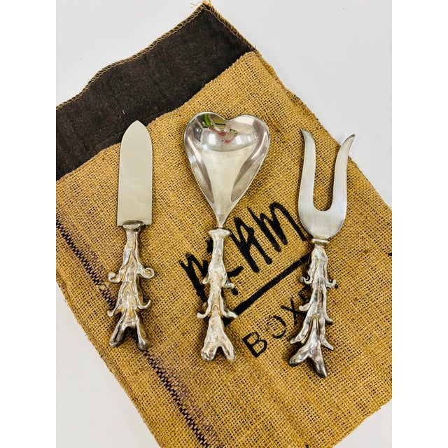 Silver Vintage Michael Aram & Maryse Boxer 'I Love You' Coral Handled Silver-Plated 3-Piece Serving Cutlery Set For Sale - Image 8 of 11