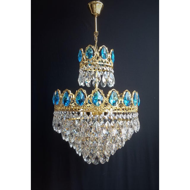 Vintage 1960s Art Deco Crystal Brass Aqua Blue Basket Chandelier For Sale - Image 6 of 13