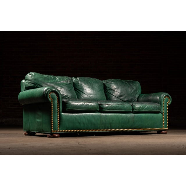 c. 1990s-2000s; Whittemore-Sherrill Limited - Hickory, NC Classic rolled-arm leather sofa upholstered in rich emerald...