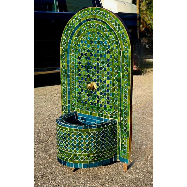 Moroccan 2 Color Tamegroute Green and Petrol Blue Arched Moroccan Mosaic Tile Fountain For Sale - Image 3 of 7