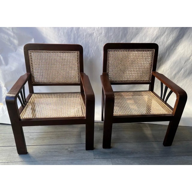 English 1930s Pair of Deco Period British Colonial Hand Caned Teak Club Chairs For Sale - Image 3 of 7