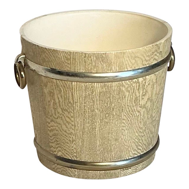 Mid-Century 13” Wide Planter Pot Decorative Bucket Faux Wood, 60s 70s For Sale