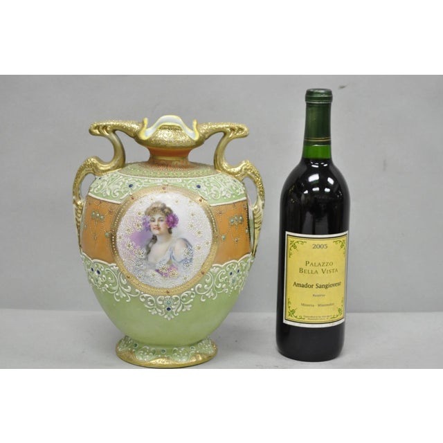 Antique Nippon Hand Painted Porcelain Green, Orange, and Gold Moriage Twin Handle Portrait Vase with Pink Rose Flowers to...