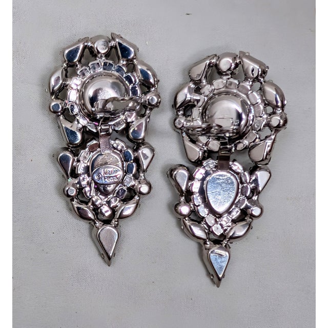 Black Vintage Signed Marie Ferre Rhodium Plated Faux-Onyx & Clear Rhinestone Chandelier Clip Earrings-2 Pieces For Sale - Image 8 of 8