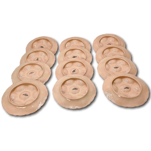 Early 20th Century Set of 12 Antique Art Deco Majolica Oyster Serving Plates Signed Digoin & Sarreguemines France - Circa 1920 For Sale - Image 5 of 12