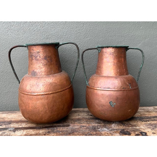 Metal Vintage Moroccan Patinated Hammered Copper Water Jugs - A Pair For Sale - Image 7 of 12