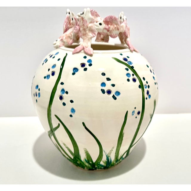Sue Mattox Signed Art Pottery Vase Koi Fish Rim Sculptural Coastal Vessel For Sale - Image 10 of 13
