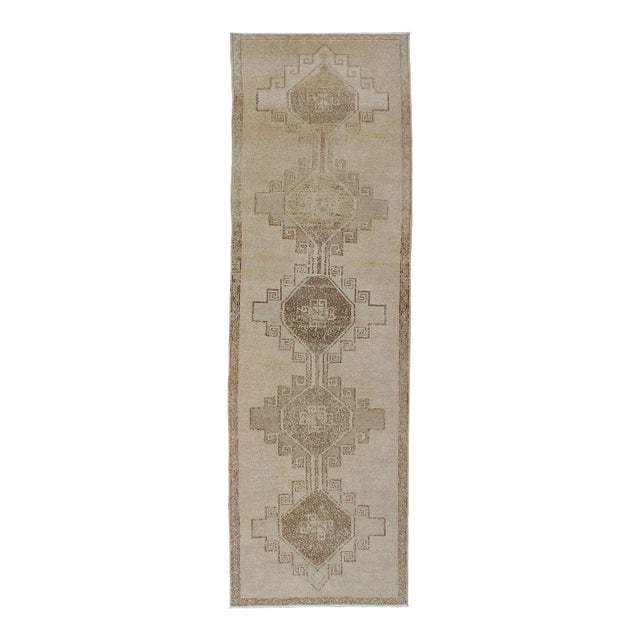 Vintage Hand Knotted Turkish Oushak Runner With Geometric Design in Ivory, L.Brown and Taupe For Sale