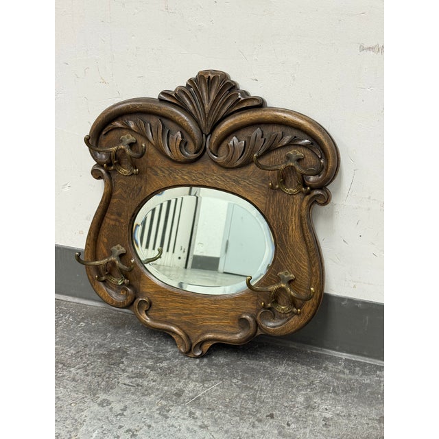 Circa 1920's Tiger Oak Wood Wall Mirror With Hanging Hooks For Sale - Image 10 of 12