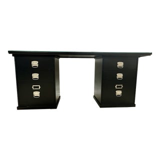 Pottery Barn Bedford Six-Drawer Desk in Black With Protective Plexiglas For Sale