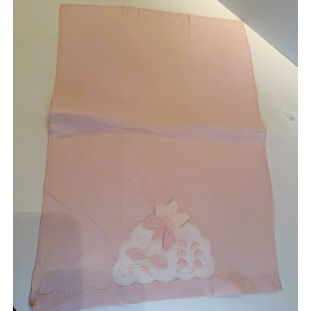 1940s Three Vintage Pale Pale Pink Madeira Linen & Organza Fingertip Towels For Sale - Image 5 of 7