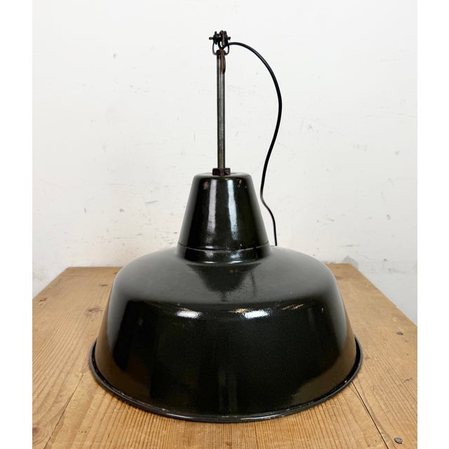Industrial Black Enamel Factory Lamp with Iron Top, 1950s For Sale - Image 16 of 18