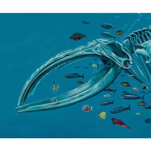 Contemporary Bake-kujira by Robin Hextrum | Oil on canvas Depiction of a whale skeleton surrounded by marine life. For Sale - Image 3 of 5