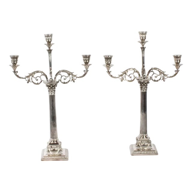Antique Victorian Three Light Candelabras from Elkington, 19th Century, Set of 2 For Sale