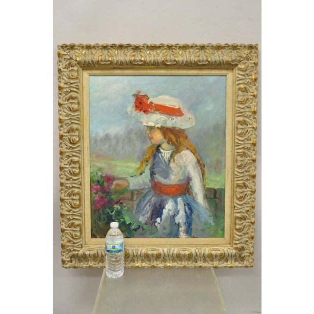 Zaza (Meuli) Milieu (Born 1892) Oil on Canvas Framed Impressionist Girl in Hat with Orange Bow with Flowers. Item features...