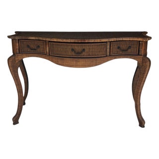 Serpentine Front Woven Rattan and Grasscloth Console, Sofa Table or Desk For Sale