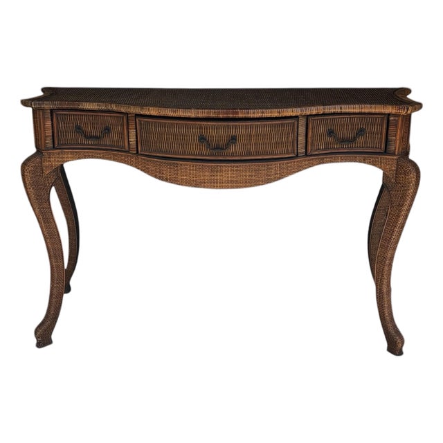 Serpentine Front Woven Rattan and Grasscloth Console, Sofa Table or Desk For Sale