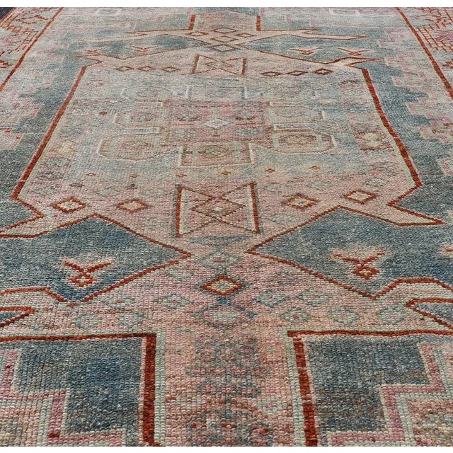 Persian Kurdish Antique Rug With Tribal Design in Light Blue, Teal, Taupe & Red 4'6"x5'10" For Sale In Atlanta - Image 6 of 10