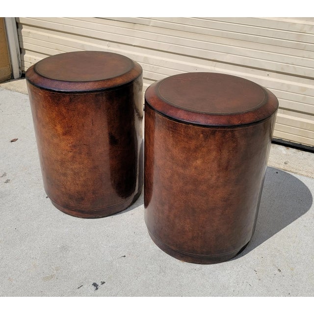 Late 20th Century Maitland Smith Leather Clad Cylindrical Side Tables - a Pair For Sale In Washington DC - Image 6 of 9