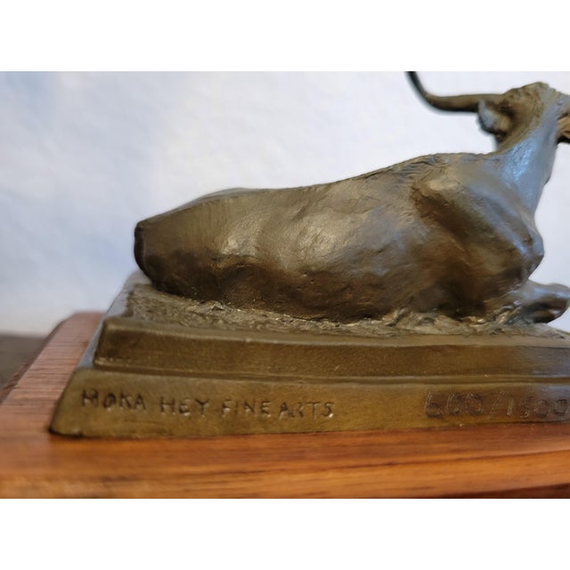 Bronze Signed Bronze “Range Baron” Longhorn Sculpture on Wood Base For Sale - Image 8 of 12