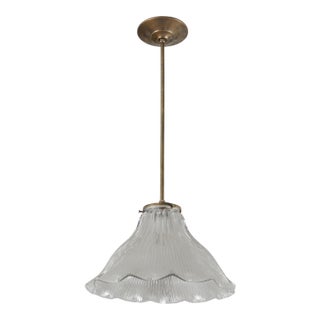Vintage Clear Holophane Style Glass Brass Pole Pendant Light For Sale