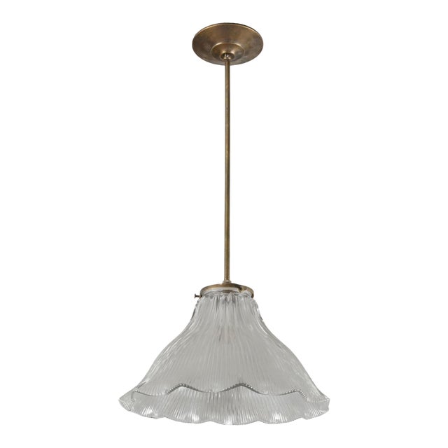 Vintage Clear Holophane Style Glass Brass Pole Pendant Light For Sale