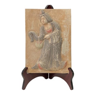 Chinese Oriental Handmade Clay Tong Lady Theme Plaque Display For Sale