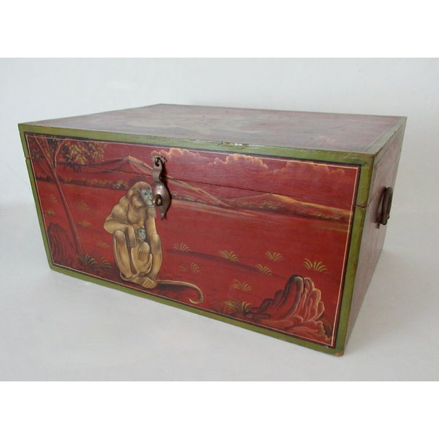 Anglo-Indian, Asian Hand-Crafted & Painted Large Lidded Storage/Chest With Brass Hardware For Sale In West Palm - Image 6 of 18