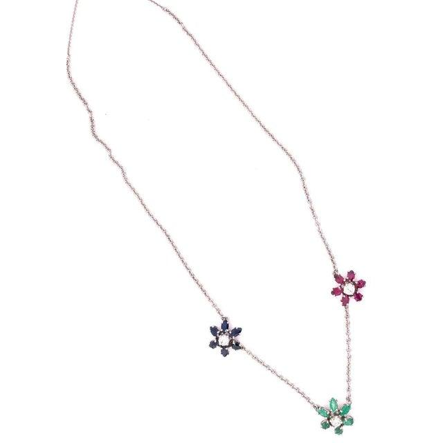 White 14 Karat Gold Necklace With 3 Flowers in Ruby Sapphire Emerald With Diamonds For Sale - Image 8 of 11
