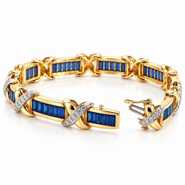 A vibrant fusion of geometric drama and classic luxury, this striking tennis bracelet is beautifully sculpted in solid 14K...