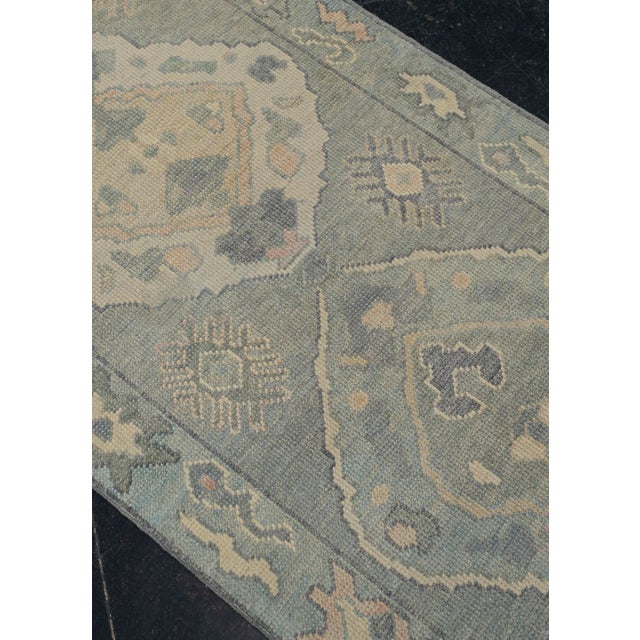Turkish Oushak Rug Soft Blue & Green Geometric Handwoven Wool Rug 2'8" X 9'1" For Sale - Image 9 of 11
