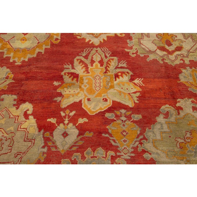 Turkish Oushak Antique Wool Rug Handmade in Red Featuring a Floral Design For Sale - Image 4 of 11