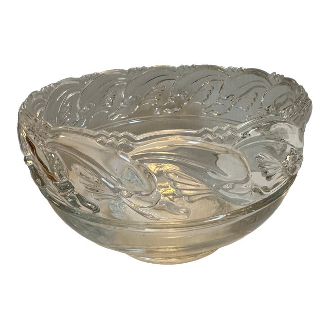 Tiffany & Co. Mid Century Modern Clear Art Glass Crystal Bowl With Dolphins 8"x 5" For Sale