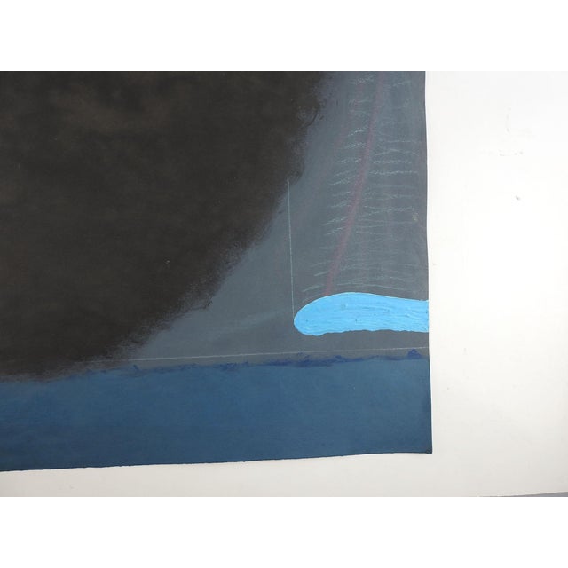 Late 20th century black, gray and blue color block abstract expressionist painting mixed media on heavy paper. Unsigned....