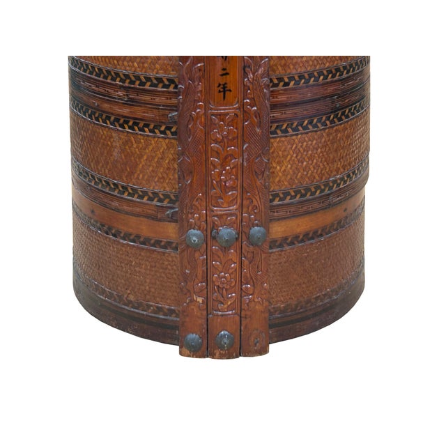 Brown Vintage Oriental Handmade Brown Rattan Stack Basket With Handle For Sale - Image 8 of 11