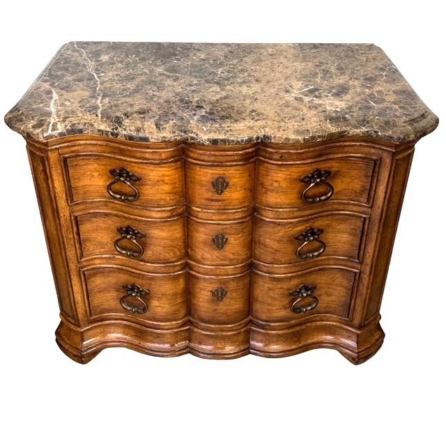 1980s 1980 French Louis XV Style Marble Top 3-Drawer Serpentine Nightstands / Commodes by Thomasville - Pair For Sale - Image 5 of 17