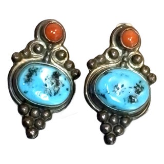 1960s-70s Sterling Silver, Turquoise & Coral Earrings, A Pair For Sale