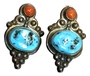 1960s-70s Sterling Silver, Turquoise & Coral Earrings, A Pair
