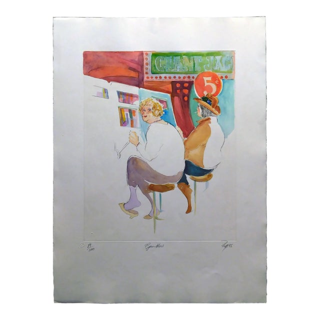 William Papas "Gamblers" Hand Signed Hand Colored Etching on Paper 29/100 For Sale