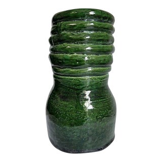 Tall Round Mid 20th Century Green Ceramic Outsider Studio Pottery Rope Vase For Sale