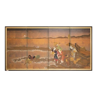 Shōwa Era After Hokusai "View of Gathering Shellfish at Low Tie", Japanese Byobu Screen For Sale