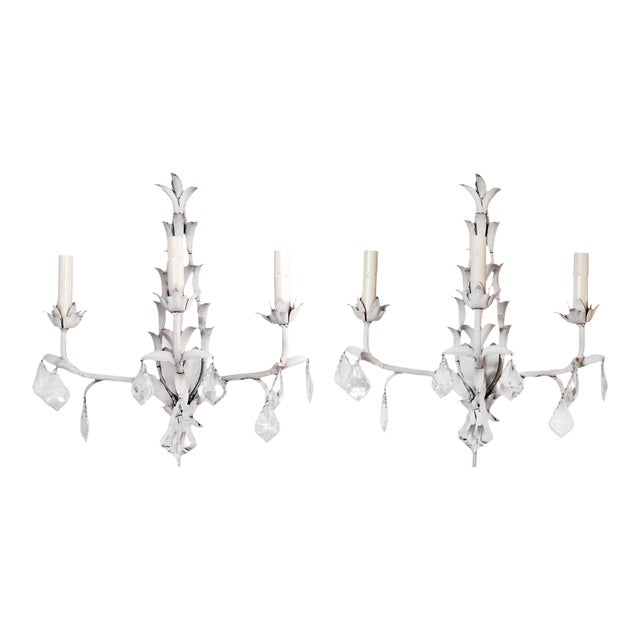 1960s Italian Painted Metal & Crystal Wall Sconces /Three Lights - a Pair For Sale